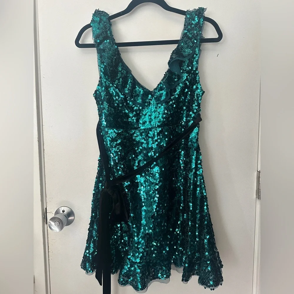 Free People Teal Sequin V-Neck Mini Party Dress with Black Velvet Tie